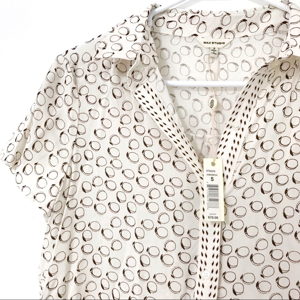 Max Studio Cream Button Front Collared Top with Simple Peach Line Drawing Print